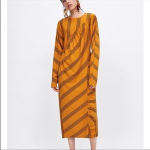 Zara yellow gathered long sleeve midi dress